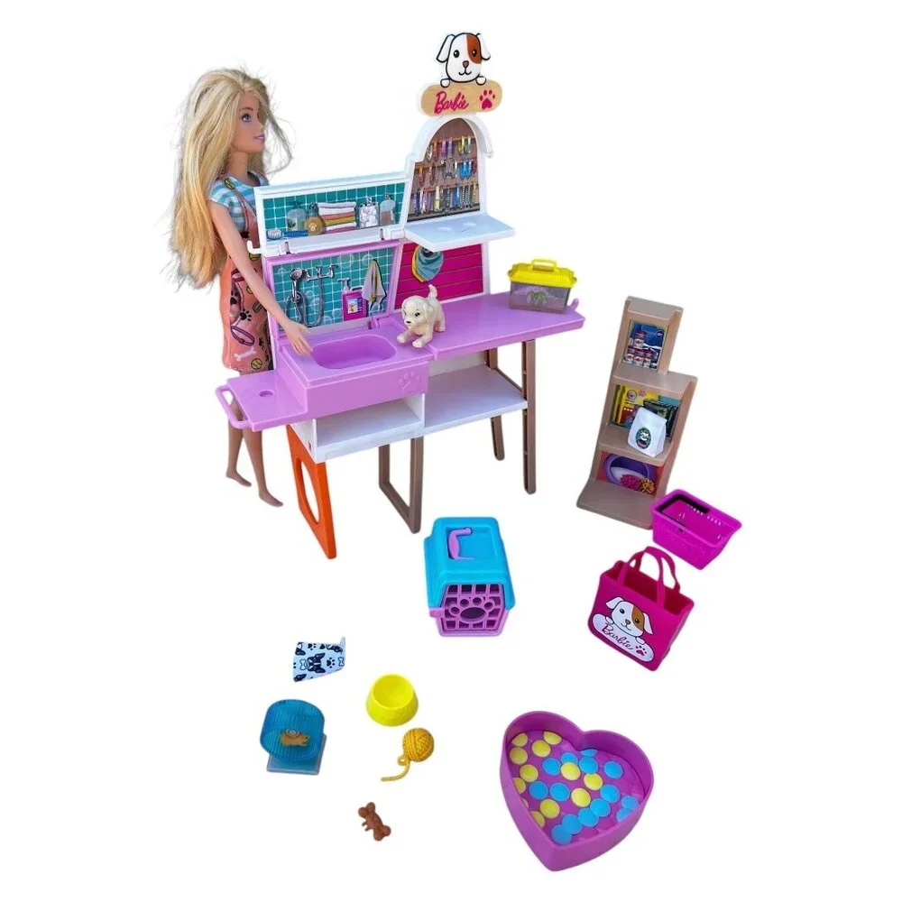 Barbie Pet Care Playset Doll Accessories 5 Pets Carrier Shelving Supplies